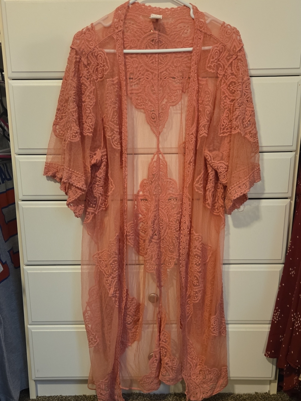 Sheer Lace Kimono in Dusty Coral